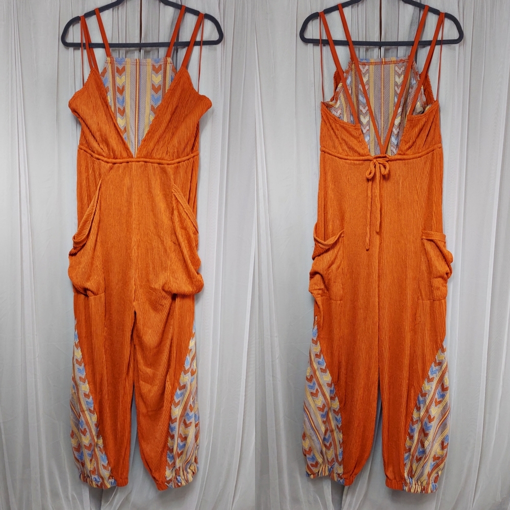 NWOT Free People Movement Harem Abstract Print Tie Back Ribbed Jumpsuit